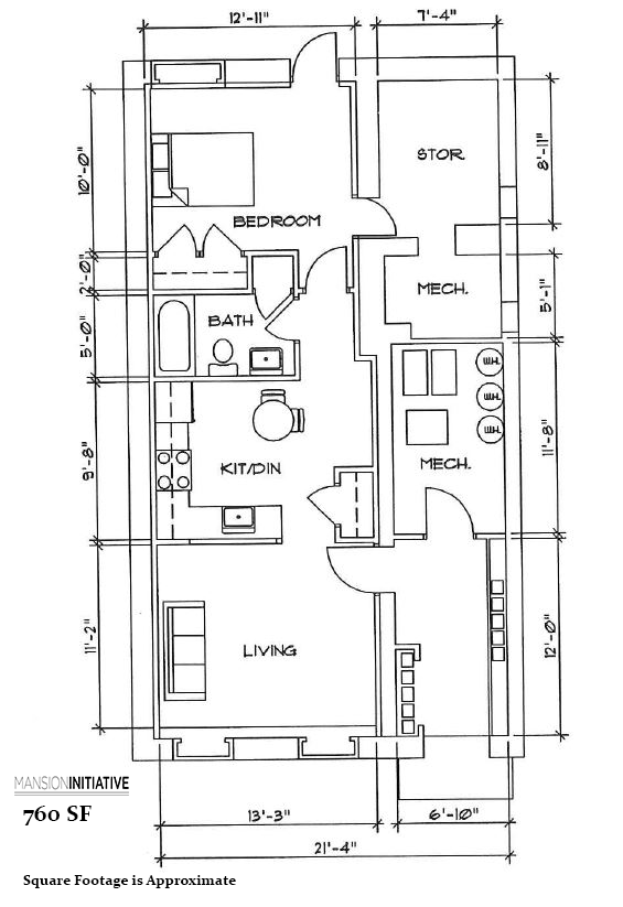 Floor plan for 1 bed, 1 bath, 785 sqft